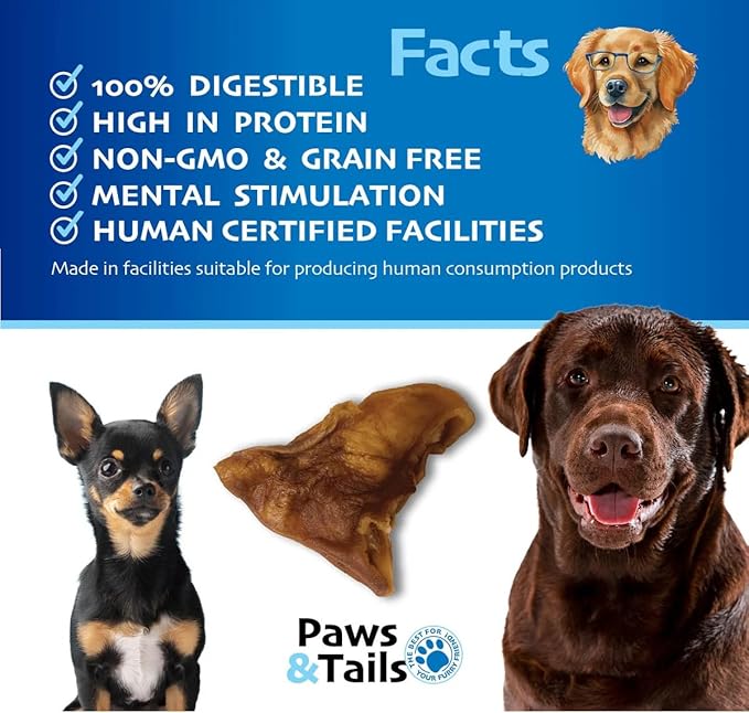 PAWS&TAILS Premium All-Natural Pig Ears for Dogs - Joint Health Support, Thick-Cut - High-Protein, Low-Fat Treats for Dental Hygiene - No Additives or Preservatives. (24, Natural Whole Pig Ears)