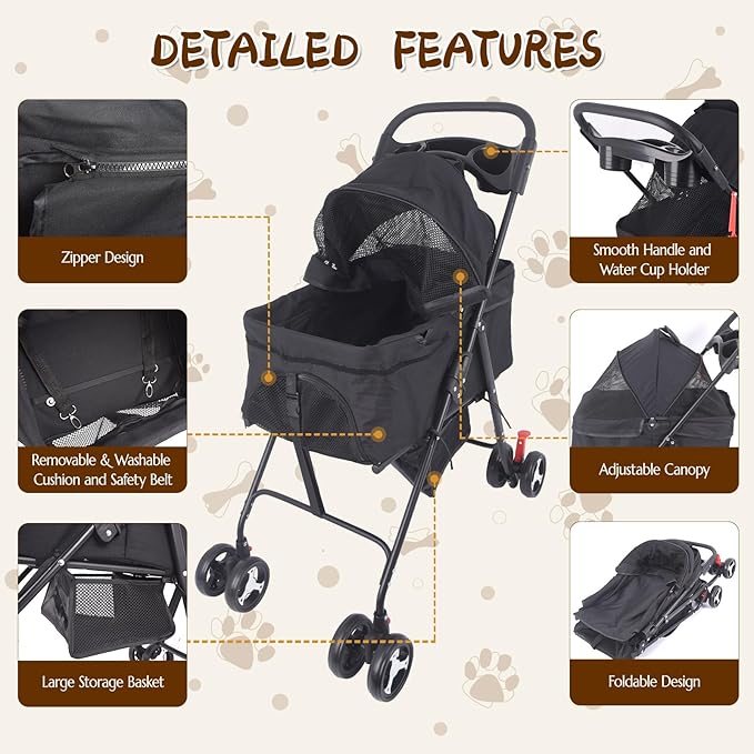 3 in 1 Dog Stroller, 4 Wheels Pet Stroller Dog Cat Stroller for Medium Small Dog Cats Up to 50lbs, Foldable Carrier Jogger Travel Puppy Stroller with Cup Holder & Breathable Mesh, Black