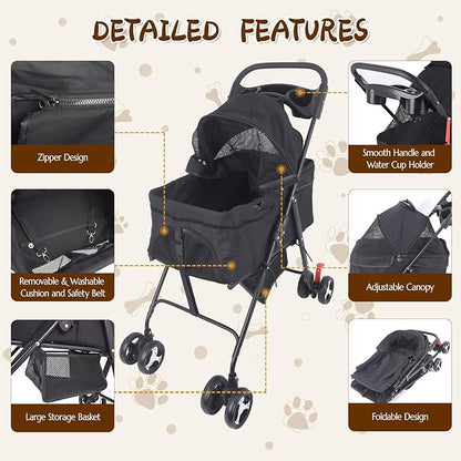 3 in 1 Dog Stroller, 4 Wheels Pet Stroller Dog Cat Stroller for Medium Small Dog Cats Up to 50lbs, Foldable Carrier Jogger Travel Puppy Stroller with Cup Holder & Breathable Mesh, Black