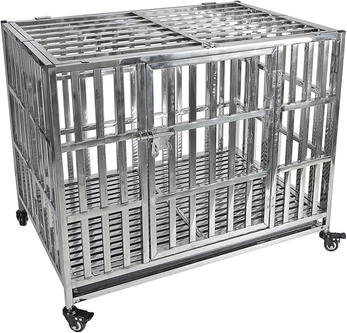 37" Heavy Duty Pet Kennel Stackable Stainless Steel Dog Crate Foldable Indestructible Dog Cage Playpen with Lockable Rolling Wheels, Double Door and Removable Tray for Small and Medium Dogs