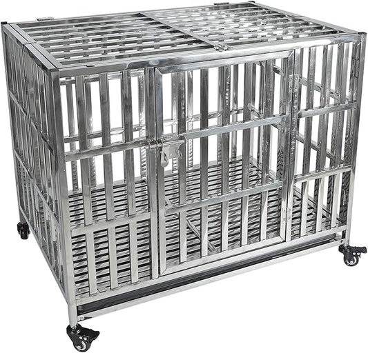 37" Heavy Duty Pet Kennel Stackable Stainless Steel Dog Crate Foldable Indestructible Dog Cage Playpen with Lockable Rolling Wheels, Double Door and Removable Tray for Small and Medium Dogs