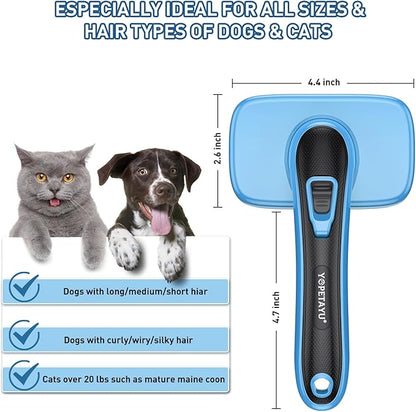 Dog Brush for Shedding, Self-Cleaning Slicker, 3 PCS Kit with Bath Brush & Comb, Perfect for Short & Long Haired Pets, Removes Mats, Tangles, Fur, Gentle on Skin, Ideal for All Dogs. Blue