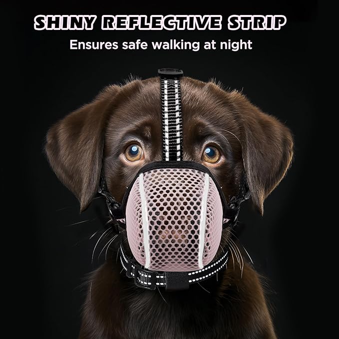Dog Muzzle,Mesh Soft Muzzle for Small Medium Large Sized Dogs, Breathable Reflective Adjustable Puppy Muzzles with Collar for Scavenging Grooming Biting Chewing,Allows Panting and Drinking(Pink S)