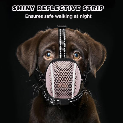 Dog Muzzle,Mesh Soft Muzzle for Small Medium Large Sized Dogs, Breathable Reflective Adjustable Puppy Muzzles with Collar for Scavenging Grooming Biting Chewing,Allows Panting and Drinking(Pink S)