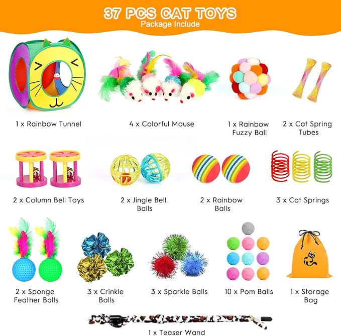 37 PCS Interactive Kitten Toys for Indoor Cats - Variety Set With Collapsible Tunnel Tube Tent, Feather Teaser Wand, Bell, Fuzzy Ball, Spring, Mouse, and Catnip