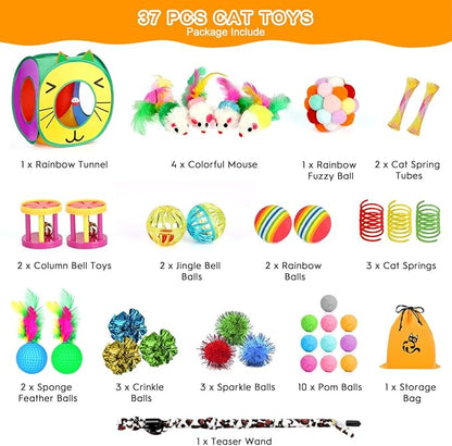 37 PCS Interactive Kitten Toys for Indoor Cats - Variety Set With Collapsible Tunnel Tube Tent, Feather Teaser Wand, Bell, Fuzzy Ball, Spring, Mouse, and Catnip