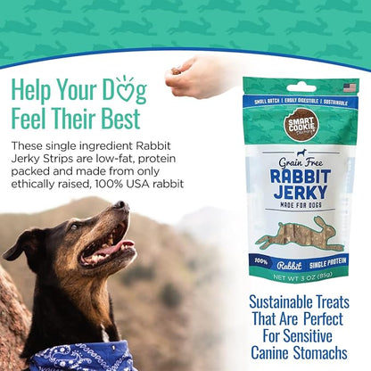 Smart Cookie Single Ingredient Rabbit Jerky Dog Treats - Training Treat Strips for Dogs and Puppies with Allergies, Sensitive Stomachs - Dehydrated, 100% Meat, Grain Free, Made in USA - 3oz, Pack of 1