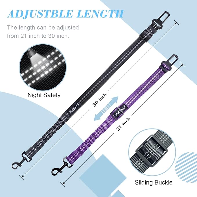 2 Pack Dog Seat Belt Adjustable Dog Car Seatbelts for Vehicle Nylon Pet Safety Seat Belt with Elastic Bungee Buffer Reflective & Durable Car Harness for Dogs (Black + Purple)
