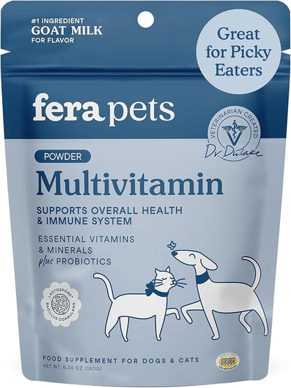 Fera Pets Goat Milk Topper - Multivitamin for Dogs & Cats with Probiotics - Supports Overall Health, Gut Health, and Immune System - for Picky Eaters - 60 TSP