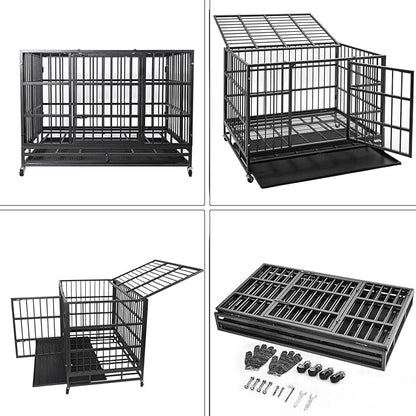 48/38 Inch Heavy Duty Indestructible Dog Kennel with Wheels, High Anxiety Crate, Sturdy Locks, Double Door and Removable Tray Design, Extra Large XL Crate