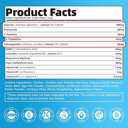 Calming Chews for Dogs – Calming Treats for Anxiety, Stress, Separation, Travel & Thunder, Non-Drowsy Alternative to Melatonin, Calm & Focus with Chamomile & Ashwagandha, Bacon Flavor, 90Ct