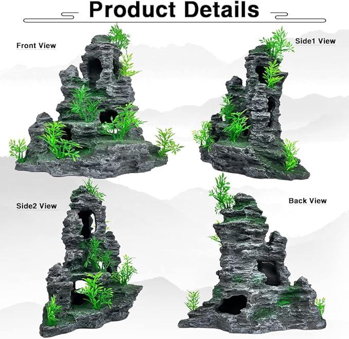 Aquarium Decoration Large and Tall Fish Tank Decor Aquarium Rock Mountain View Aquarium Ornament Tree House Cave for Large Tank - 10.2 Inches High