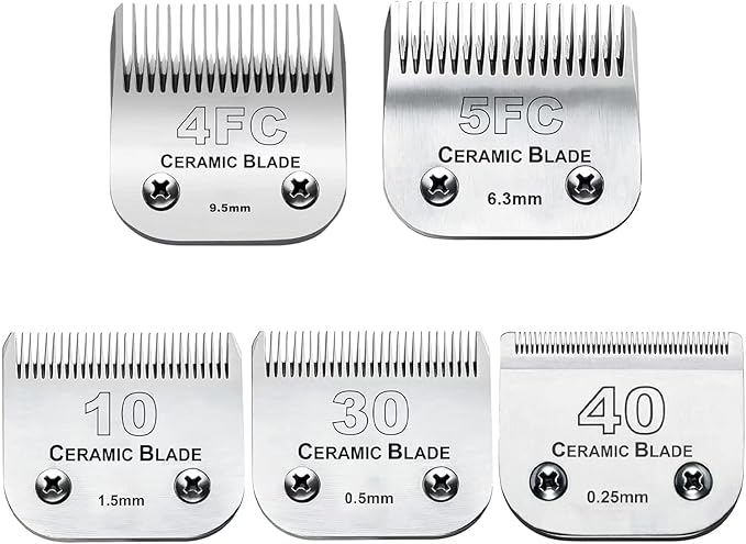 5PCS 10 Blades Dog Grooming Replacement Blades Compatible with Andis Pet Clipper/Oster A5/Wahl KM Series Dog Clipper,Ceramic Blade & Stainless Steel Blade, Size ï¼#10+30+40+5FC+4FC