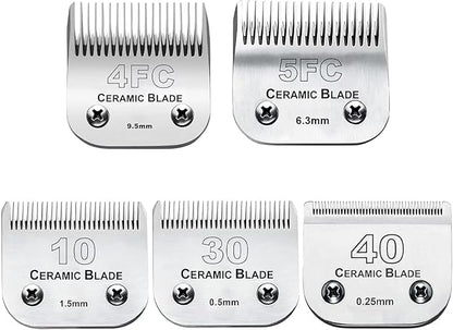 5PCS 10 Blades Dog Grooming Replacement Blades Compatible with Andis Pet Clipper/Oster A5/Wahl KM Series Dog Clipper,Ceramic Blade & Stainless Steel Blade, Size ï¼#10+30+40+5FC+4FC