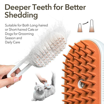 Enhanced 3-in-1 Cat Steam Brush With Larger Spray Misting, Long Steamy Comb for undercoat Shedding, Hair Removal & Cleaning, Water Brush for Indoor Long Hair Cat, Dog, Rabbit (Brown)