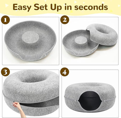 Cat Caves for Indoor Cats, Large Cat Tunnel for Multiple & Large Cats, Scratch Detachable Cave Bed, Kitten Donut Kitty Hideaway Up to 45 Lbs