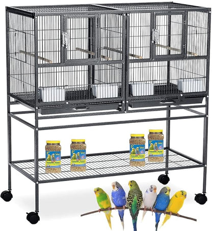 Combo Breeding Stacker Center Divided Breeder Bird Flight Double Rolling Cage with Side Breeding Nest Door (Black Vein, Single Stack)