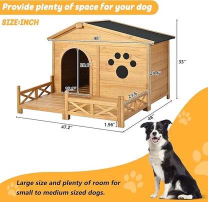 48" Wooden Dog House,Dog Kennel with Wide Porch,Water-Resistant Asphalt Roof and Fence,Indoor & Outdoor Dog Crate W/Paw Print Design,Easy Assembly & Cleaning,for Medium Dogs,Natural