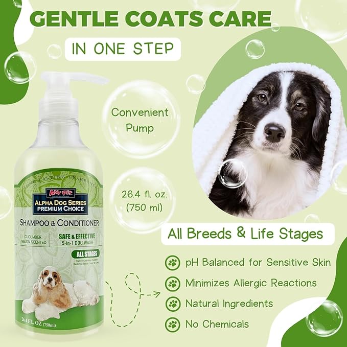 Alpha Dog Series All Stages Dog Grooming Natural Dog Shampoo and Conditioner with Aloe Vera, pH balanced Shampoo for Dogs, Tear-Free, Moisturizing Dog Shampoo for Sensitive Skin - 26.4 Oz