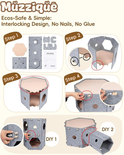 Cat Play House for Indoor Cats & Small Dogs, Muzzique Expandable Modular Felt Pet Tunnel Castle, Large Scratch Kitten Condo, Stackable Kitty Cave Platform, Sleeping Puppy Bed, XL Nest with Hair Brush