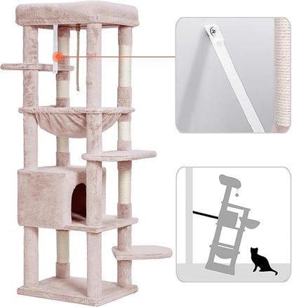 Heybly Cat Tree for Large Cats 20lbs Heavy Duty,60 inches XXL Cat Tower for Indoor Cats, Multi-Level Furniture Condo with Big Padded Plush Perch, Cozy Basket, Muchroom HCT050MU