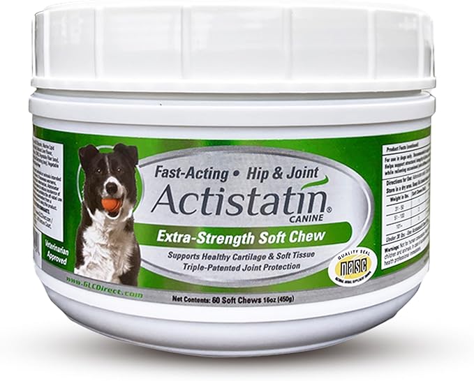 Actistatin Canine Large Dog Soft Chews, 60ct  Patented Extra-Strength Joint, Cartilage, Soft Tissue Supplement: Glucosamine, Chondroitin, Manganese, MSM, L-Carnitine  High Absorption, Fast Results