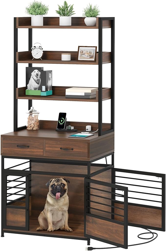 DWVO Dog Crate Furniture with Storage Shelves, Heavy Duty Dog Crate with Drawers & Charging Station, 32 Inch Dog Kennel Indoor Furniture for Medium Dogs, Modern Dog Crate with Double Doors, Brown