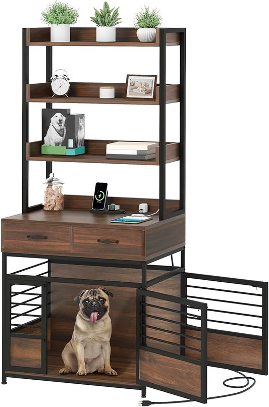 DWVO Dog Crate Furniture with Storage Shelves, Heavy Duty Dog Crate with Drawers & Charging Station, 32 Inch Dog Kennel Indoor Furniture for Medium Dogs, Modern Dog Crate with Double Doors, Brown