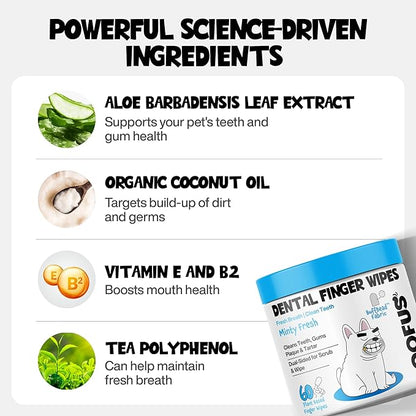 Teeth Cleaning Wipes 60 Packs - Dental Wipes to Reduce Plaque & Tartar for Dogs & Cats - Mint Pet Dental Wipes for Oral Freshness - Dog Tooth Brushing Kit Dental Wipes