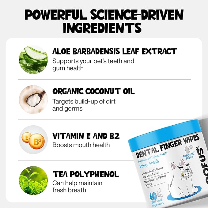 Teeth Cleaning Wipes 60 Packs - Dental Wipes to Reduce Plaque & Tartar for Dogs & Cats - Mint Pet Dental Wipes for Oral Freshness - Dog Tooth Brushing Kit Dental Wipes