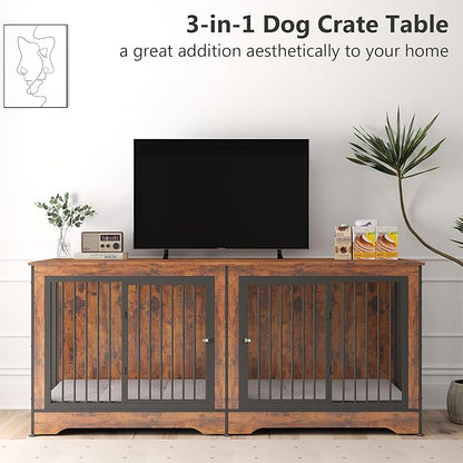 Rovibek Double Dog Crate, TV Stand, 75 Inch Dog Crate Furniture for 2 Dogs, Dog Kennel Indoor with Double Doors, Dog Cage with Removable Divider for Large Medium Dogs, Brown