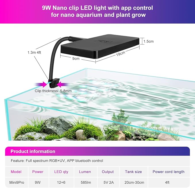 Smart 9W Aquarium LED Light, Nano Clip lamp for Aquarium Plant Growth,RGB Full Spectrum Aquarium Light,APP Control Adjustable Terrarium Light,