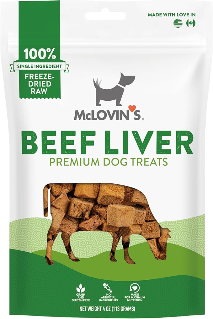 McLovin's Pet Freeze Dried Raw Beef Liver Dog Treats and Toppers, 4 oz. - Single Ingredient, Grain-Free, Gluten-Free, High Protein Treat - Healthy Dog Training Treats