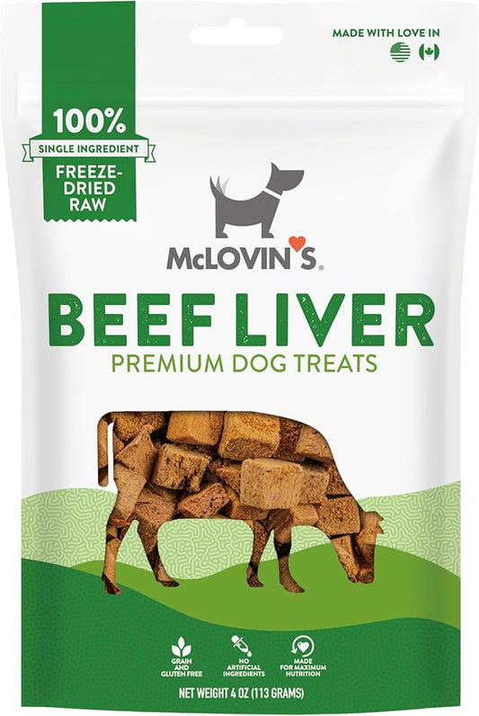 McLovin's Pet Freeze Dried Raw Beef Liver Dog Treats and Toppers, 4 oz. - Single Ingredient, Grain-Free, Gluten-Free, High Protein Treat - Healthy Dog Training Treats