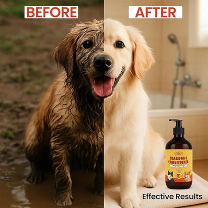 POM Pets 2-in-1 Organic Dog Shampoo & Conditioner – Itchy Skin Relief, Dog Deshedding, Detangles Fur, Cat Shampoo, Paw Cleaner for Dogs, Natural Coat Defense Formula