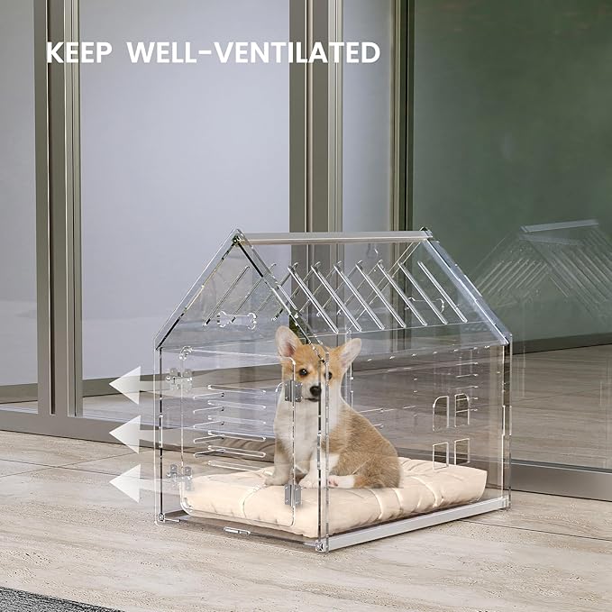 Sumerflos Acrylic Dog House, 24" L x 18" W x 23" H Clear Dog Crate, Modern Indoor Dog Kennel Lockable Ventilated for Most Small Dog Cat Pet