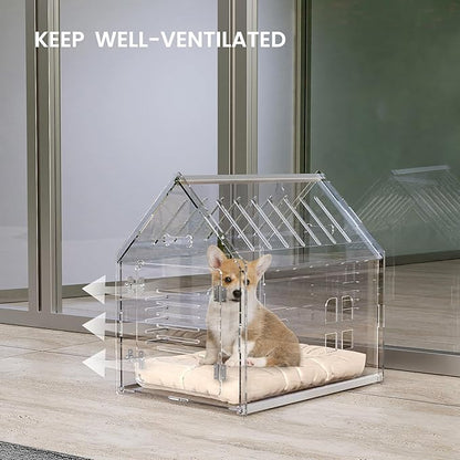 Sumerflos Acrylic Dog House, 24" L x 18" W x 23" H Clear Dog Crate, Modern Indoor Dog Kennel Lockable Ventilated for Most Small Dog Cat Pet