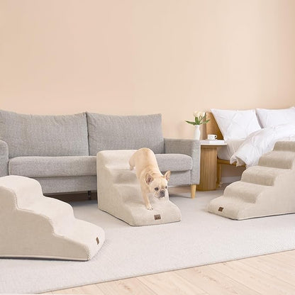 EHEYCIGA Curved Dog Stairs Ramp for Small Dogs 15.7" H, 3-Step Dog Steps for Couch Sofa and Chair, Pet Stairs for Cats, Non-Slip Balanced Pet Steps Indoor, Beige