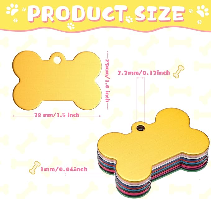 100 Pcs Blank Dog Pet Tags for Engraving 38MM Aluminum Bone Shape Name Tag Colorful Double Sided Dog Cat Phone Number Tag Pendants