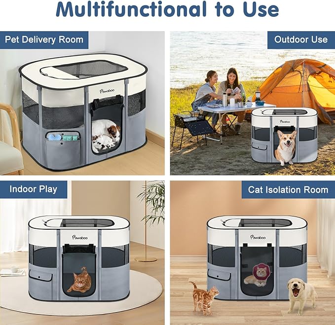 Dog Playpen, Portable Pet Playpen Cat PlayPen, 600D Oxford Dog Kennel Tent Crate, Waterproof&Breathable, Indoor Outdoor Travel Camping Use for Medium/Large Breed with Carrying Case+Folding Bowl,L,Gray