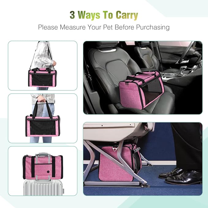 YUDODO 25 lbs Lightproof Pet Carriers Airline Approved Dog Cat Travel Soft Sided Carrier Reflective Mesh Safe Pet Cat Carrier Foldable Portable Small Animal Rabbit Puppy Cat Carrier Pink