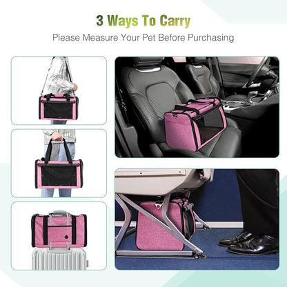 YUDODO 25 lbs Lightproof Pet Carriers Airline Approved Dog Cat Travel Soft Sided Carrier Reflective Mesh Safe Pet Cat Carrier Foldable Portable Small Animal Rabbit Puppy Cat Carrier Pink