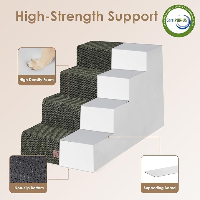 EHEYCIGA Dog Stairs for Bed 20”H, 4-Step Extra Wide Dog Steps for High Bed, Pet Steps for Small Dogs and Cats, Non-Slip Balanced Dog Indoor Ramp, Olive Green