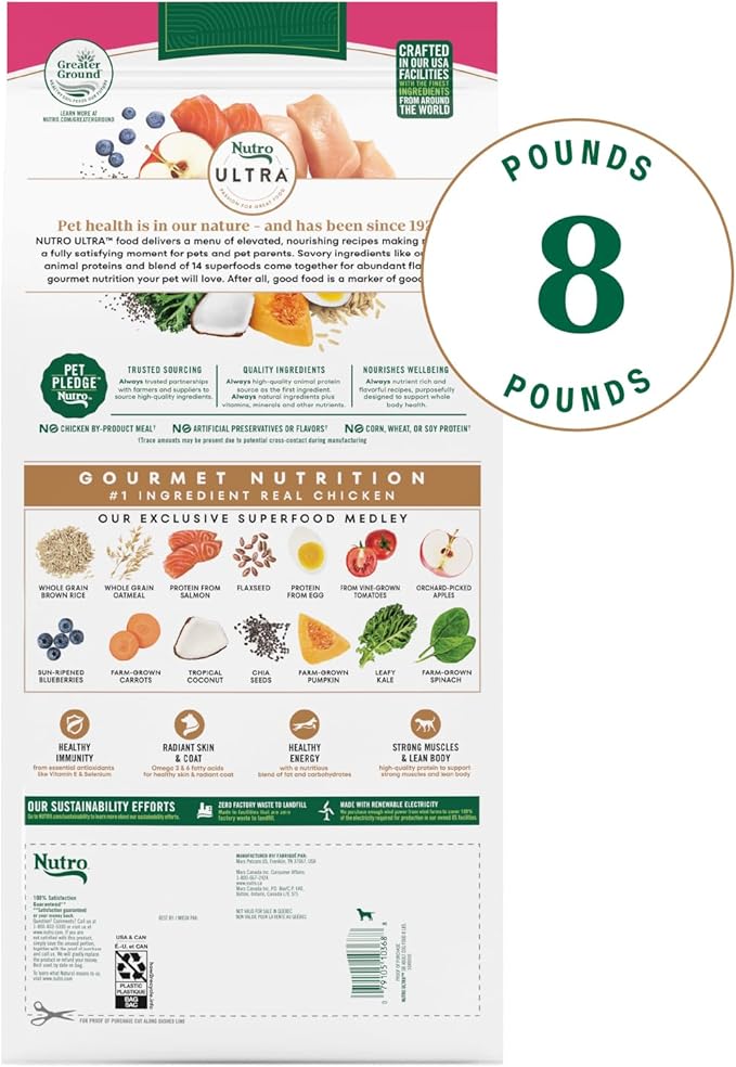 Nutro Ultra Adult Small Breed Dry Dog Food, Chicken, Lamb and Salmon Protein Trio, 8 lb. Bag