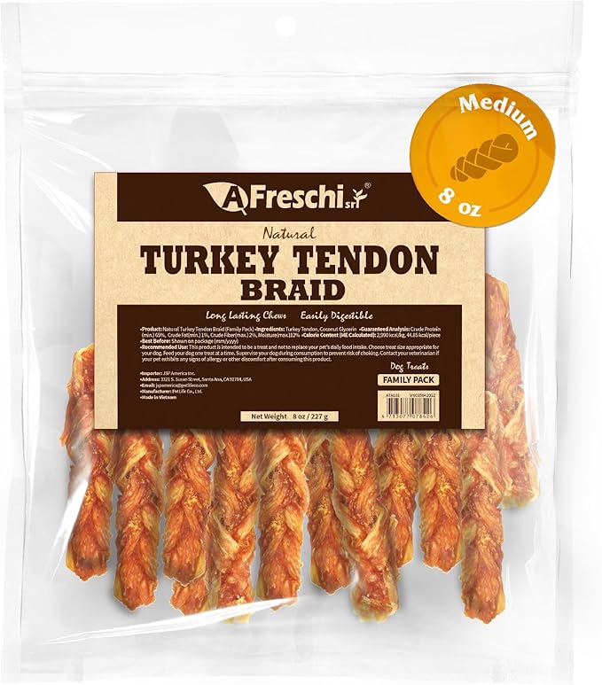 Afreschi Turkey Tendon Dog Treats, 8 oz Braid (for Medium Breeds), Turkey Sourced from USA, All Natural Puppy Chew, Hypoallergenic, Rawhide Alternative