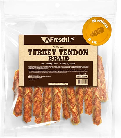 Afreschi Turkey Tendon Dog Treats, 8 oz Braid (for Medium Breeds), Turkey Sourced from USA, All Natural Puppy Chew, Hypoallergenic, Rawhide Alternative