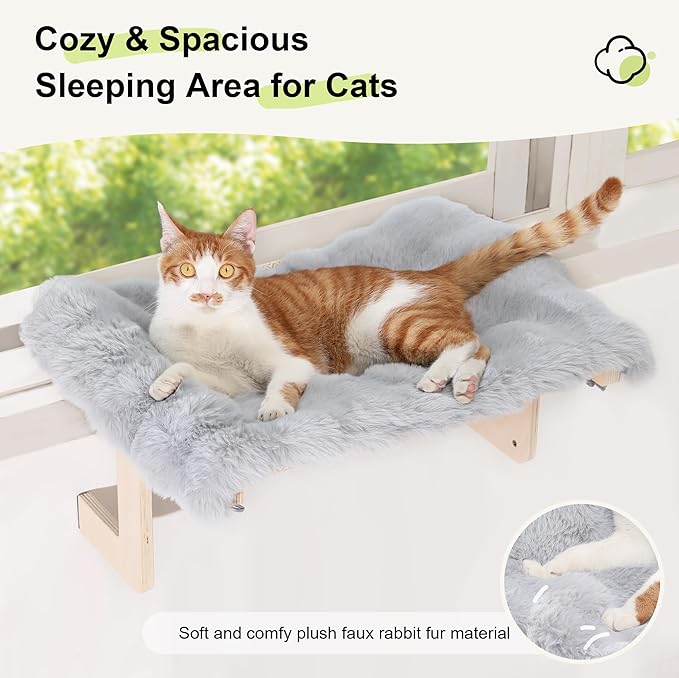 FUKUMARU Cat Window Perch, Transformable Cat Hammock with Fluffy Cushion for Windowsill and Floor, Cats Window Bed for Large Cats and Kittens, Reinforced Wood and Metal Frame, Easy to Adjust Pet Pech