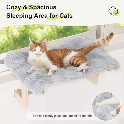 FUKUMARU Cat Window Perch, Transformable Cat Hammock with Fluffy Cushion for Windowsill and Floor, Cats Window Bed for Large Cats and Kittens, Reinforced Wood and Metal Frame, Easy to Adjust Pet Pech