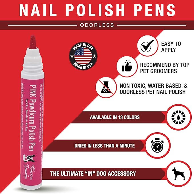 Warren London Pawdicure Dog Nail Polish Pens | Made in USA | Quick Dry, Low Odor, Non-Toxic Dog Accessories | Ideal for Dog Birthday, Dog Costume | Dries in Under 1 Minute | 13 Colors | Pink