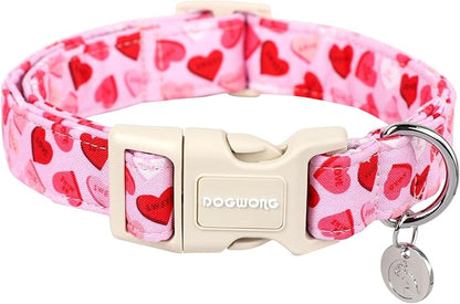 DOGWONG Valentine's Dog Collar - Pink Heart Adjustable Cotton Heart Dog Collar - Perfect for Large Dogs